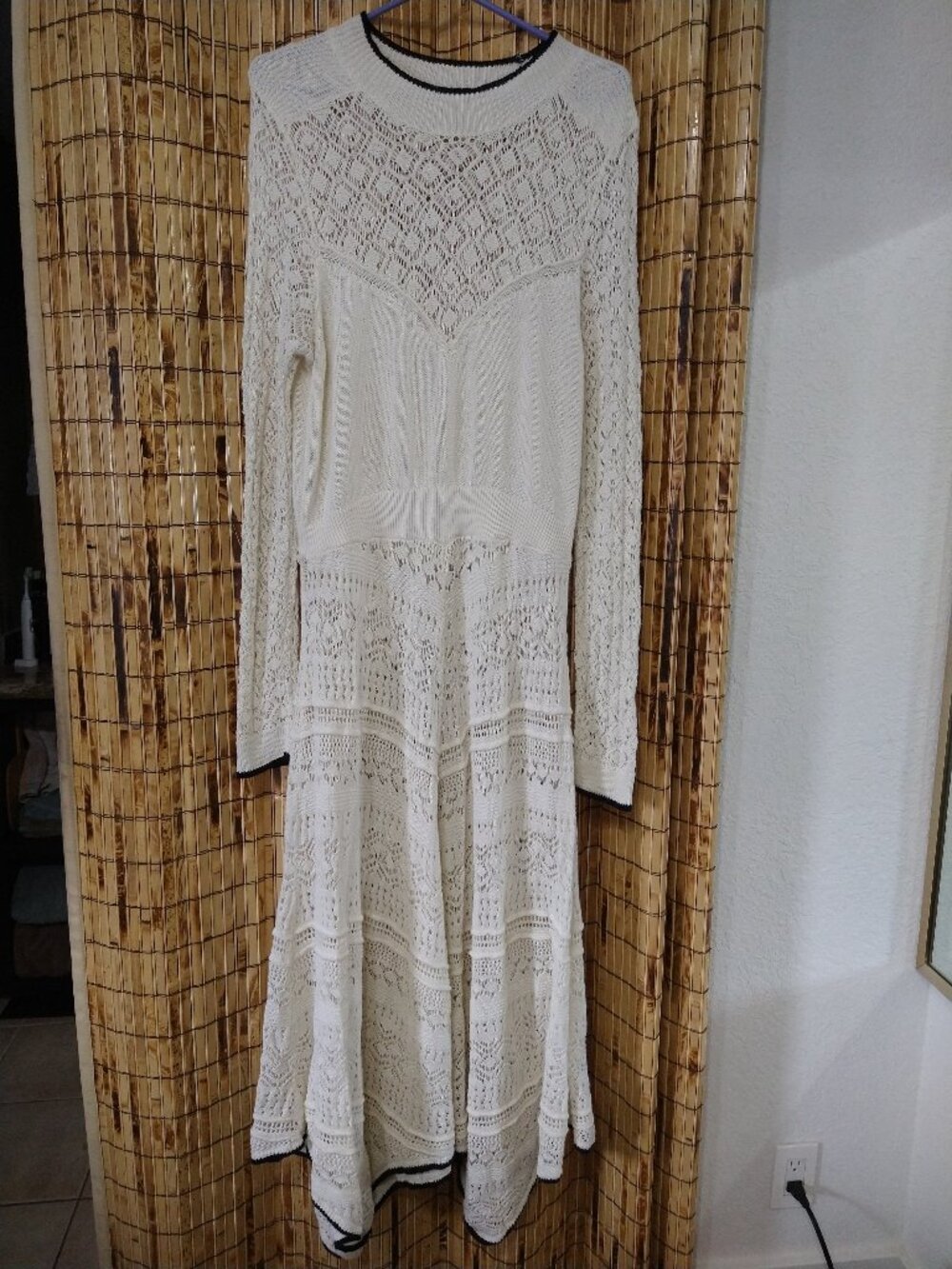 Anthropologie Cream Open Knit Long Sleeve Midi Dress Size XL w/ Slip